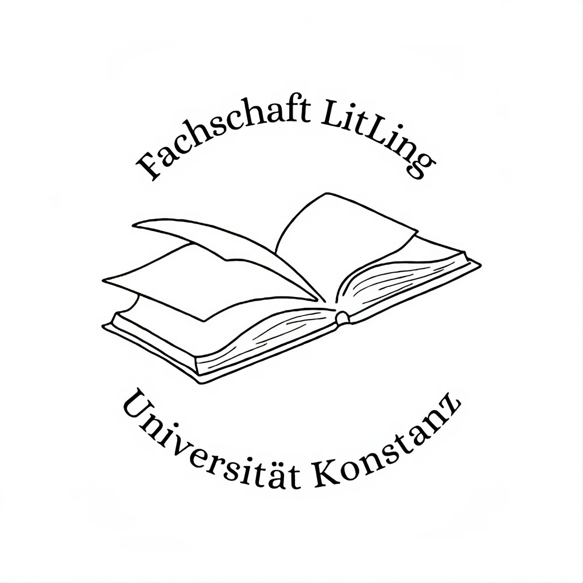 Logo der Fachschaft LitLing: In der Mitte befindet sich eine Zeichnung eines offenen Buches, darüber der Schriftzug "Fachschaft LitLing", darunter "Universität Konstanz".