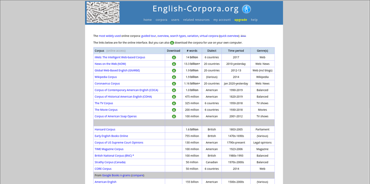 Screenshot of english-corpora.org start page