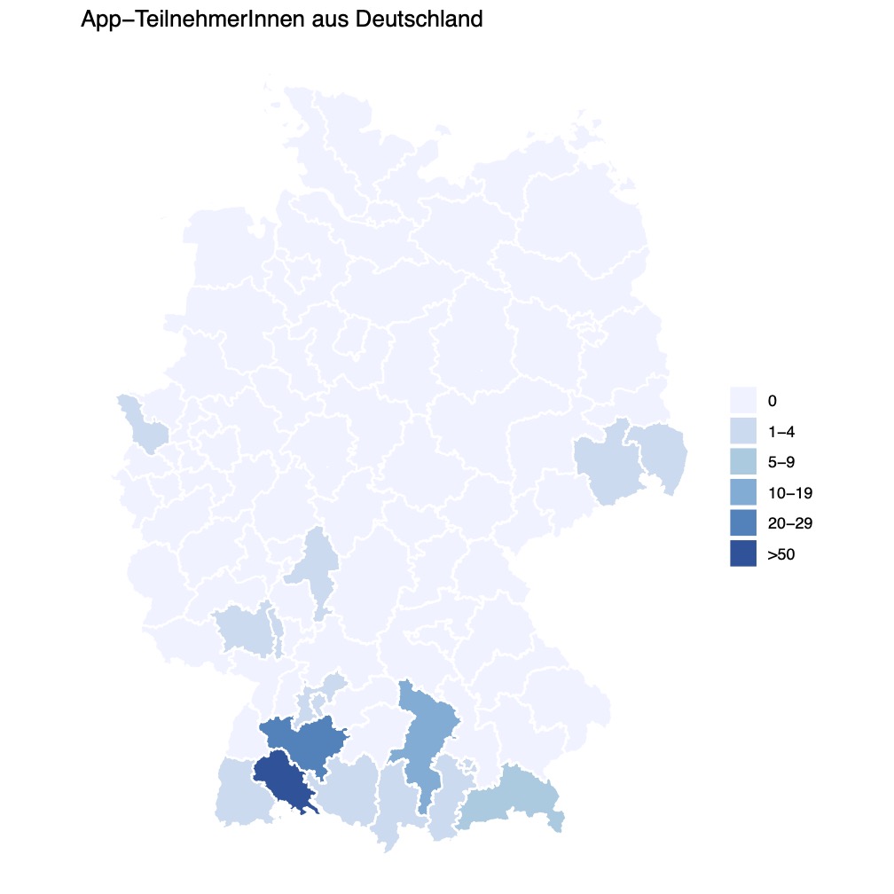 Karte, die die Anzahl der App-Teilnahmen in Deutschland zeigt. Je mehr Teilnahmen, desto dunkler die Karte. Die meisten Teilnahmen fanden im Kreis Konstanz statt (über 50). Teilnahmen fanden hauptsächlich in Süddeutschland statt, vereinzelt gibt es auch Teilnahmen bei Mannheim, Frankfurt, Duisburg und Dresden.